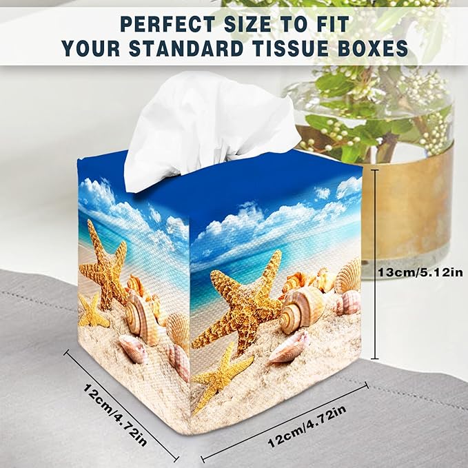Tissue Box Cover Square Decorative Tissue Box Holder Cute Funny Cube Tissue Case Cover-Starfish Seashell Tissue Box Cover