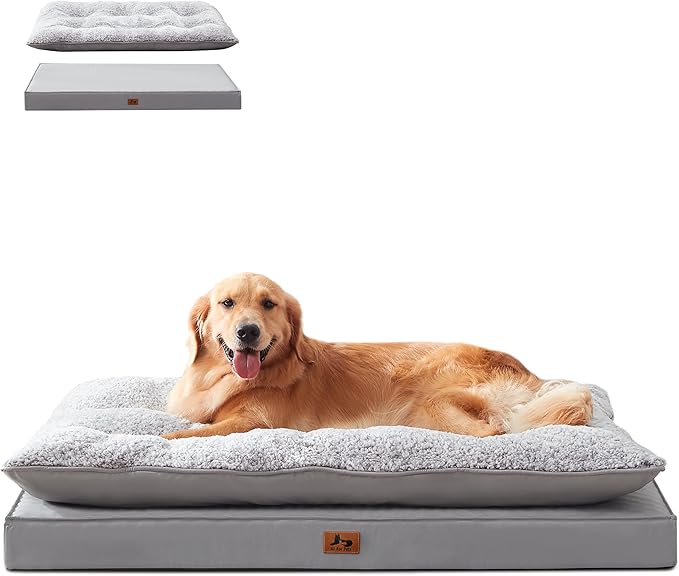 Warmrest 2-Pack Waterproof Dog Bed Large Size Dogs, Plush Cushion & Orthopedic Egg-Crate Foam Mattress for Senior Dogs, Washable Dog Crate Bed with Removable Cover, Light Grey