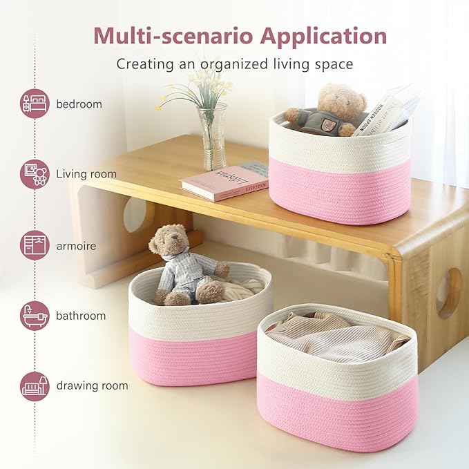 ECDYQXVU Cotton Rope Shelf Storage Basket, 15x10x9 in, Shelf Storage Baskets for Clothes, Towels, Books, Laundry (White/Pink, 1 Pack)