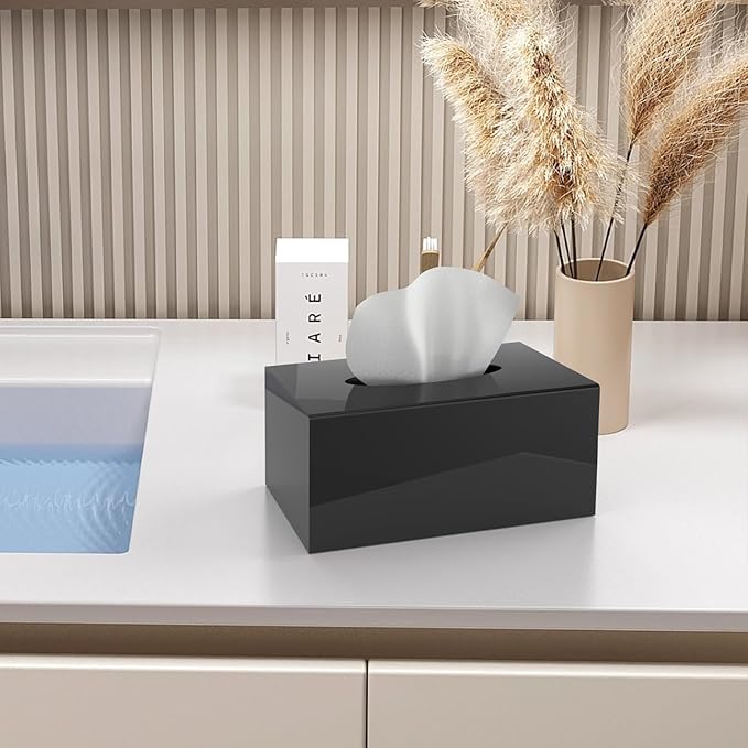 SILUT Tissue Box Cover Rectangular, Extra Large Tissue Box Cover, Plus Size Large Tissue Box Holder, Acrylic Tissue Holder for Bathroom, Home, Restaurant, Kitchen - Shiny Black, 9.85x5.1x5.28''