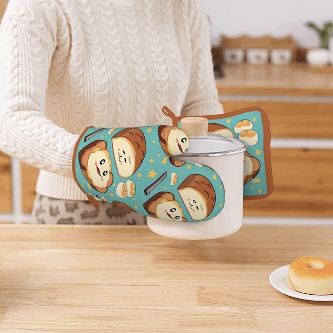 Oven Mitts and Potholders Cute Cartoon Bread Silicone Glove Heat Resistant, Kitchen Gloves for Cooking, 2-Piece Set