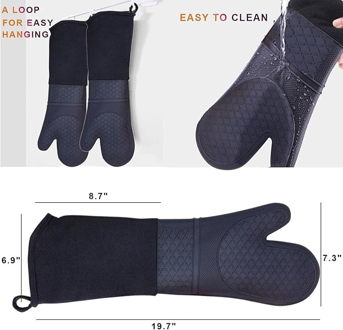 Extra Long Silicone Oven Mitts Heavy Duty Commercial Grade Oven Mitts Heat Resistant BBQ Gloves with Quilted Cotton Lining 2 Pack (Black)
