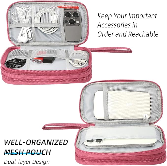 CAAORDKSO Small Cable Organizer Bag, Charger Organizer Case Pouch Travel Bag, Waterproof Electronics Accessories Case for USB, Cable, Cord, Charger, Phone, Power Bank, Earphone (Rose Red, Medium)