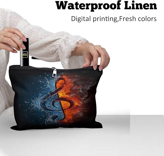 Cafl Fire Water Musical Clef Makeup Bag Travel Large Musical Note Cosmetic Bag Organizer toiletry Essentials Jewelry Zipper Bag Gift For Women -10×8 inch