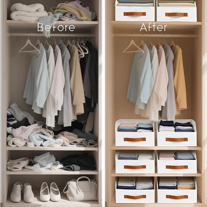 Homsorout Fabric Storage Bins for Organizing - 6 Pack Large Trapezoid Collapsible Storage Bins with Front Handle, Closet Organizers and Storage for Bedroom, Home Shelves, Small Spaces, White