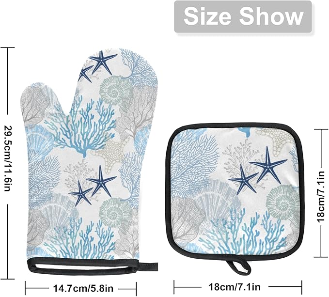 Coastal Oven Mitts and Pot Holders Sets,Starfish Seashell Coral Beach Themed Kitchen Mitts Potholders Heat Resistant Oven Gloves Hot Pads for Baking BBQ Grilling