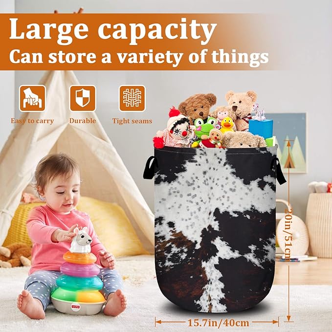 Nature Cow Print Laundry Basket with Sturdy Handles, Cow Skin Collapsible Oxford Cloth Laundry Hamper Organizer Basket for Bathroom Bedroom 15.7x20 Inch