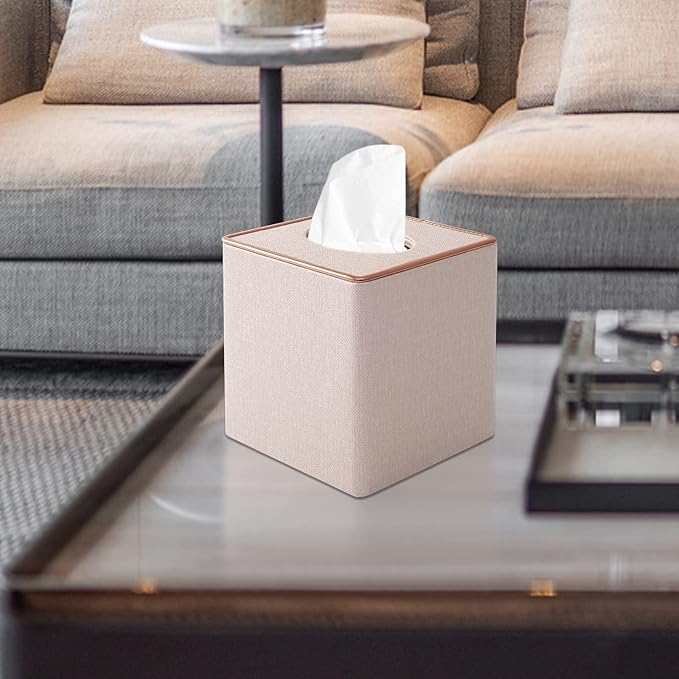 XNONE Tissue Box Cover Square Tissue Box Holder PU Leather Facial Organizer with Magnetic Bottom,Decorative Napkin Caddy for Vanity Dresser Night Stand Table Countertop Home Office Car,Beige