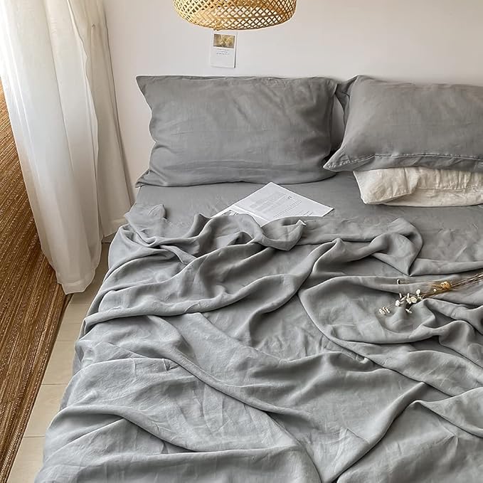 Simple&Opulence Washed Linen Bed Sheet Set Basic Style 4 Pieces (1 Flat Sheet & 1 Fitted Sheet & 2 Pillowcases) 100% Natural French Flax Soft Breathable Farmhouse Bedding (Queen, Ultimate Gray)
