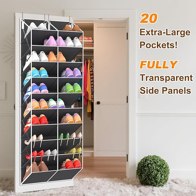 UVIAHOMI 30 Pairs Over the Door Shoe Organizer, Clear Pockets Hanging Shoe Storage for Closet, 10-Tier Door Shoes Rack Storage Fit All the Family's Sneakers, Boots, Heels, Dark Grey