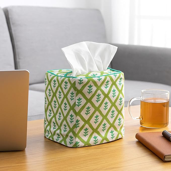 Mimorou Green Color Print Tissue Cover - Floral Print Tissue Box & Decorative Square Napkin Holder Handmade Cotton for Home Bedroom Vanity Countertop Night Stands Office