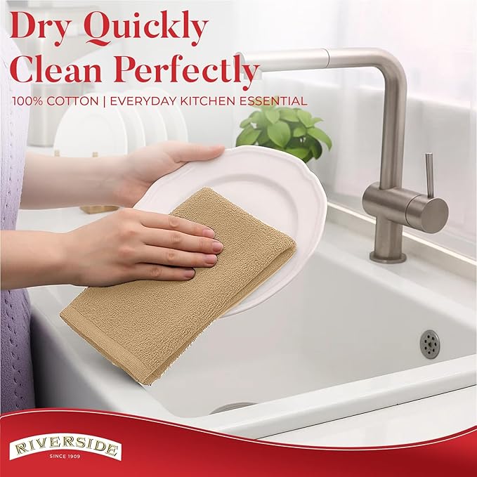 RIVERSIDE Bar Mop Towels Pack of 12, 16x19 Inches, 100% Ring Spun Cotton Terry Cloth Kitchen Towel, Highly Absorbent & Reusable Multipurpose Cleaning Rags for Bathroom, Hotel, Restaurant, Tan