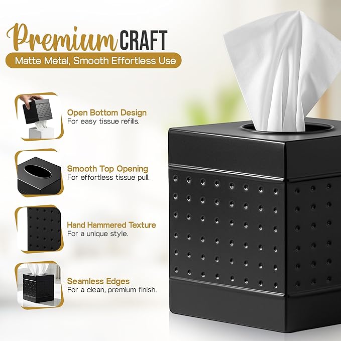 Handmade Metal Tissue Box Cover - 5x5x5.25 Inch - Square Matte Black Tissue Holder – Modern Tissue Cover Box Adds Sleek Style to Bathroom, Bedroom & Office Décor