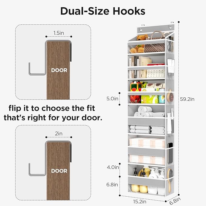 Mefirt Over The Door Organizer, 6 Shelf Door Organizer Hanging with 6 Large Capacity Pockets, Over The Door Storage Hanging Shelves for Closet Wall Bathroom Closet Bedroom Nursery