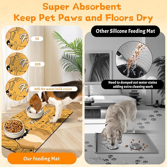 Pet Feeding Mat - Absorbent Dog Food Mat for Floors Waterproof，Dog Cat Placemat Mat for Food and Water Bowls - No Stains No Sliding Quick Dry Water Eating Dish Mat