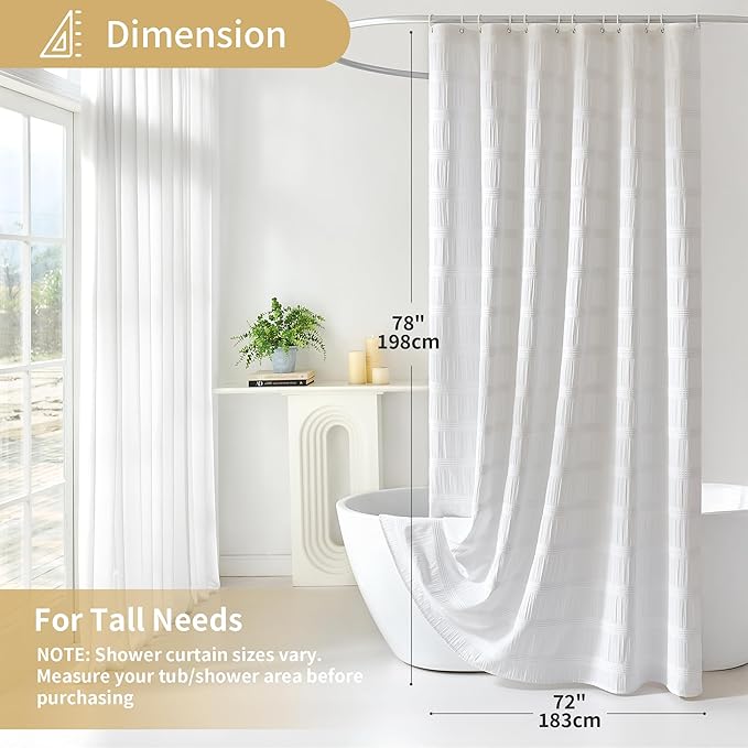 Lameirose Extra Long White Shower Curtain Farmhouse,72 x 78 Cotton Blend Waffle Tufted Striped Chic Textured Fabric Shower Curtain for Bathroom, Hotel, Washable
