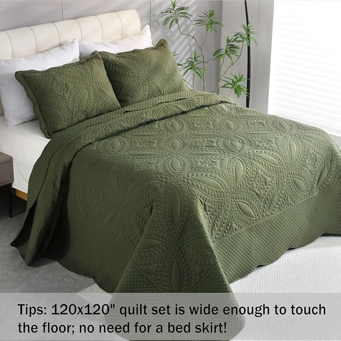 Cmfshape Oversize King Bedspread 120"x120",3 Piece California King Quilt Set,Lightweight Olive-Green Bedding Quilt Set for All Season,Modern Geometric Pattern Bed Set