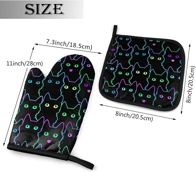 Cute Cat Silhouettes Oven Mitts and Pot Holders Insulated Gloves & Kitchen Counter Safe Mats for Cooking BBQ Baking Grilling (2-Piece Set)