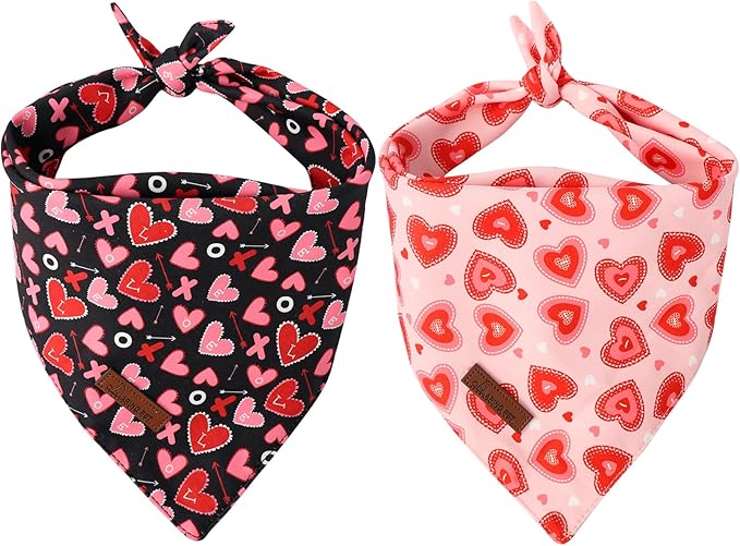 ARING PET Valentine's Dog Bandana 2 Pack-Cute Pink&Black Heart Dog Triangle Bibs, Reversible Wedding Pet Scarf for Dogs and Cats