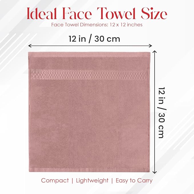 RIVERSIDE 12 Pack Premium 100% Cotton Face Wash Cloths, 12 x 12 Inches, Soft & Absorbent Face Towels for Bathroom Wash Clothes, 550 GSM, Luxury WashCloths for Showering, Body, Spa & Gym, Dusty Rose