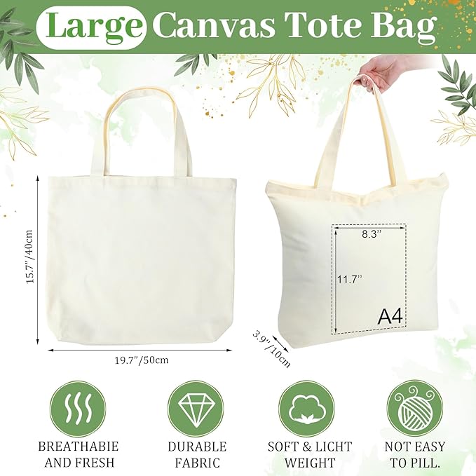 Silkfly 20 Pcs Extra Large Canvas Tote Bags Bulk 19.7x15.8'' Blank Cotton Canvas Bag with Zipper Handles Reusable Plain Grocery Makeup Handbag for DIY(Beige)