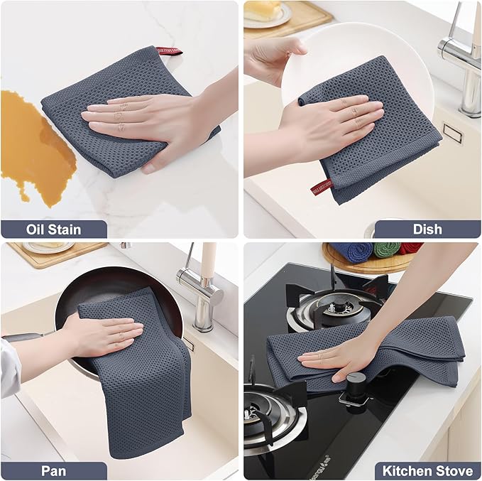 Homaxy 100% Cotton Kitchen Towels and Dishcloths Set, 12 x 12 Inches and 13 x 28 Inches, Set of 8 Bulk Kitchen Towels Set, Ultra Soft Absorbent Dish Cloths for Washing Dishes, Dark Grey