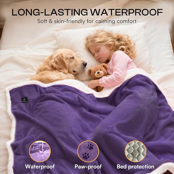 Luciphia Waterproof Bed Blanket Washable,Soft Sherpa Fleece Puppy Reversible Throw Blankets for Small Medium Dog Cat,Furniture Cover Protector Couch from Liquid Pee and Pet Fur,Purple White,57" x 40"