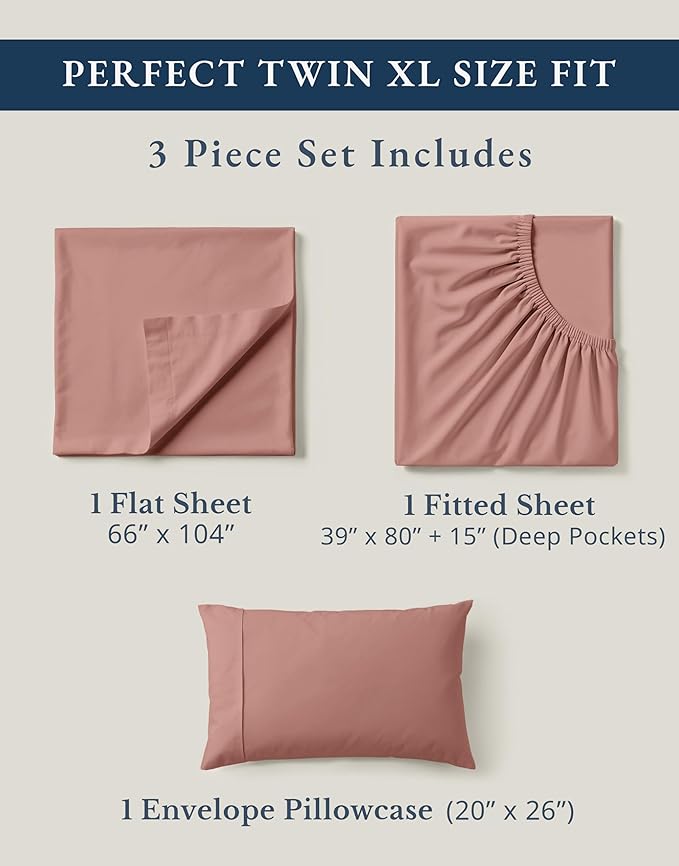 LANE LINEN 100% Organic Cotton Twin XL Sheets Set, 3-Piece Pure Organic Cotton Percale Sheets, Cotton Bedsheets, Ultra Soft Bedding Sheets, Breathable, Fits Mattress Upto 15" Deep - Rose Dawn