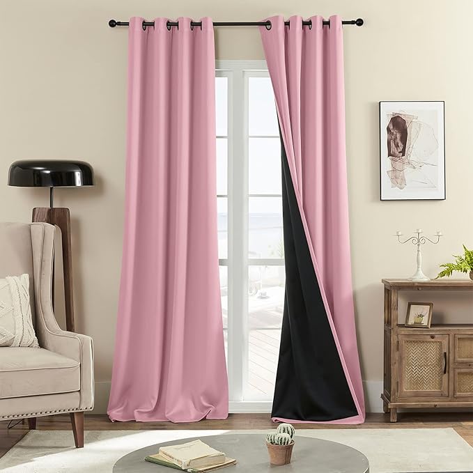 Rutterllow 100% Blackout Curtains 2 Panels, 108 Inches Long Full Blackout Drapes for Bedroom/Kids Room, Thermal Insulated Living Room Window Treatment Drapes (Pink, 52x108 inch)