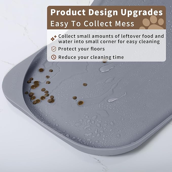 Smilool Silicone Pet Food Mat with Raised Edge for Food and Water Bowl, Dog Feeding Mats, Cat Food Trays for Floor Waterproof, Rubber Tray for Dogs and Cats, 17 x 12 x 0.7 Light Gray