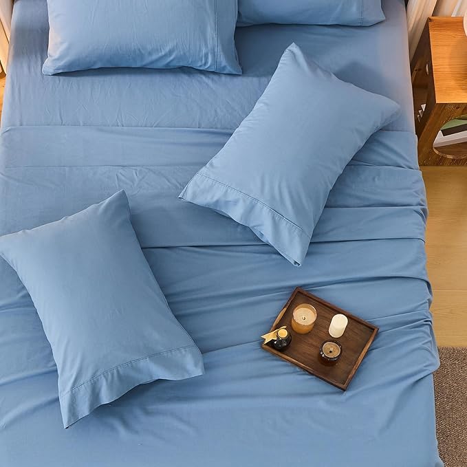 Bedlifes 100% French Linen Sheets King Size 18-24" Extra Deep Pocket 4-Piece Set Breathable & Moisture-Wicking,Soft & Durable Sheets for Thick Mattresses(Flint Blue)