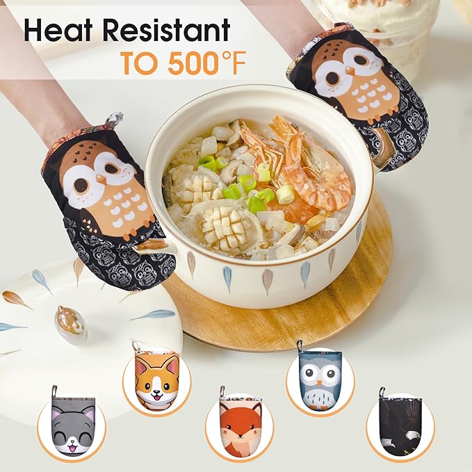 Mini Oven Mitts Cute,Silicone Oven Mitts Heat Resistant 500℉ with Non-Slip Grip and Soft Quilted Cotton Lining for Kitchen Cooking and Baking. Machine Washable-Owls Black
