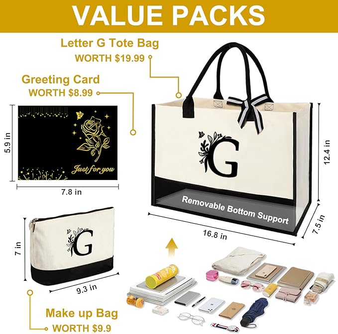 Personalized Gifts for Women - Initial Canvas Tote Bag & Makeup Bag, Custom Bags for Beach, Christmas, Wedding, Birthday, Holiday, Monogram Birthday Gifts for Women, Mom, Wife, Teacher, Friend - G