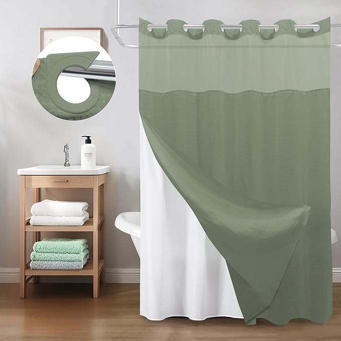 Inhousolu Long No Hook Shower Curtain with Snap in Fabric Liner Set Waffle Weave 230GSM Weighted Hem, Waterproof & Washable Bathroom Curtain Spa Luxury with Mesh Top Window 72" W x 78" L Sage Green