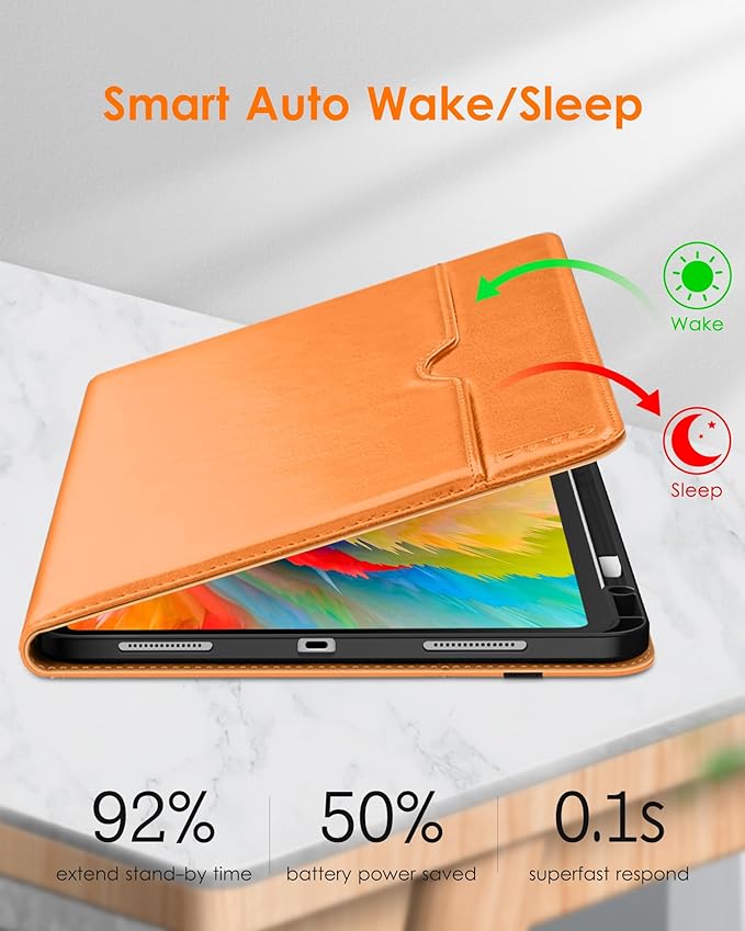 DTTO for iPad Pro 13 inch Case (M5/M4) 2025/2024, Premium Leather Business Folio Stand Cover with Pencil Holder - Auto Wake/Sleep & Multiple Viewing Angles, Built in Hand Strap & Pocket, Orange