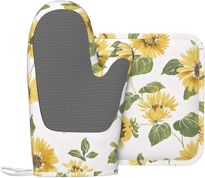 Silicone Oven Mitts and Pot Holders Sets, Home Sunflower Floral Heat Resistant BBQ Gloves for Kitchen Baking Cooking Grilling Microwave