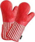 Silicone Oven Mitts Heat Resistant 932℉ with Waterproof & Non-Slip Kitchen Mittens, Set of 2 Extra Long Oven Gloves with Soft Cotton Terry Lining for Baking Cooking Barbecue (2, Red Mitts)