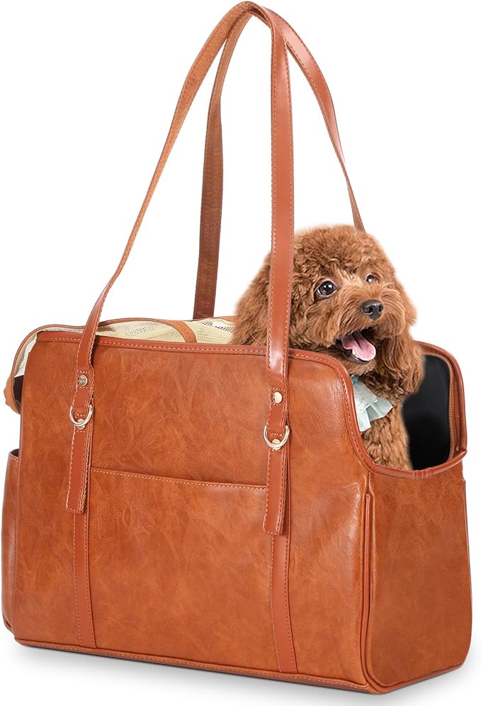 Lasaviin Dog Carrier Purse, Fashion Leather Pet Carrier with Pockets, Airline Approved Soft Sided Dog Carrying Bag for Puppy Cat Dog Brown