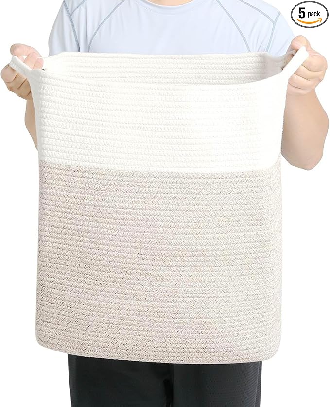 Tall Laundry Basket With Handles,Woven Cotton Rope Big Laundry Hamper Sorters,Versatile Storage for Dirty Clothes,Baby Toys,and Blankets in Bathroom, Nursery,and Living Room (White Brown, 68L)