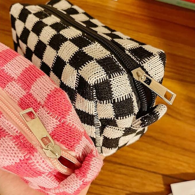 SxoSyo 2 Pcs Cosmetic Bags for Women Checkered Makeup Bag Purse Travel Toiletry Zipper Storage Pouch Make up Brushes Organizer for Gifts (Checkered, green & pink)