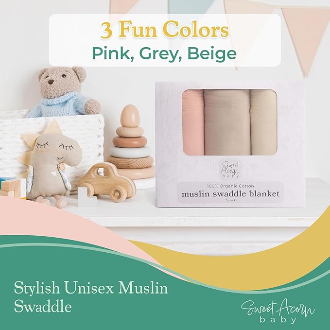 Sweet Acorn Muslin Swaddle Blanket – Soft Cotton Muslin Baby Blanket for Newborns, Infants, and Toddlers, All-Season Comfort Baby Essential - Pink, Grey and Beige