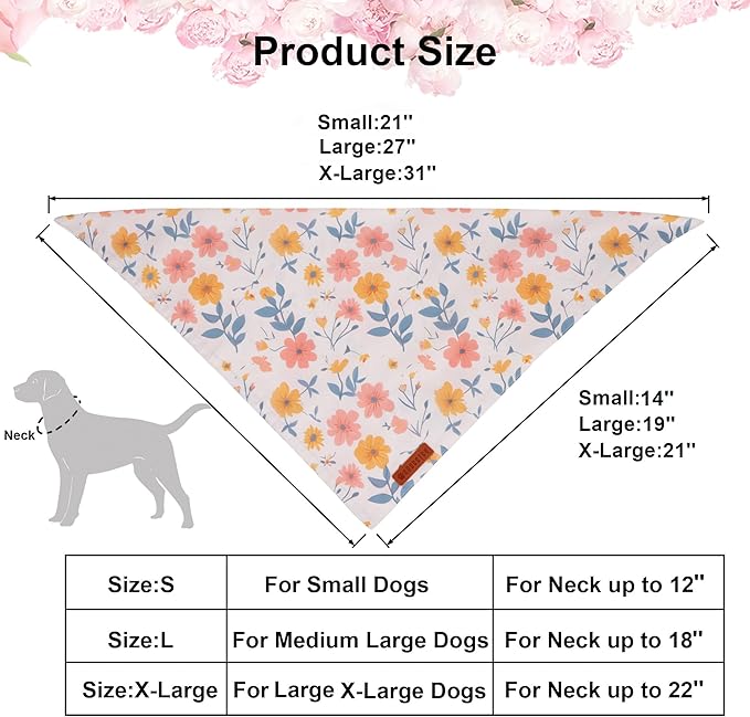ADOGGYGO Floral Dog Bandanas 2 Pack, Triangle Reversible Pink White Flower Dog Scarf, Premium Durable Fabric, Pet Floral Bandanas for Small Dogs (Small)