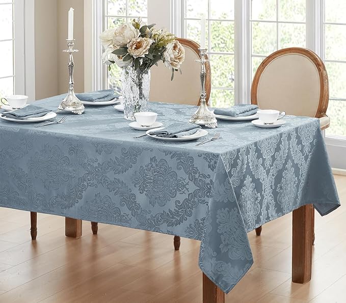 Newbridge Barcelona Damask Fabric Tablecloth, 52 x 52 Inch Square, Blue – No Iron, Soil Resistant Table Cover for Dining, Parties and Holidays