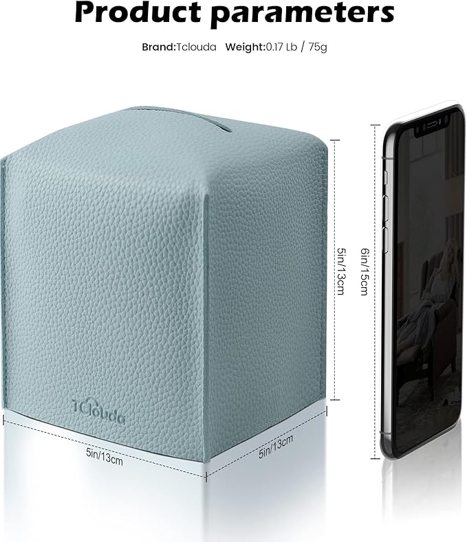 Tclouda Tissue Box Cover for PU Leather, Modern Simple Solid Color Holder Square Tissue Bag, Ideal for Bathrooms,Office,Car,Nightstand,Outdoor Tent,Dining Table,5"X5"X5", Double Blue