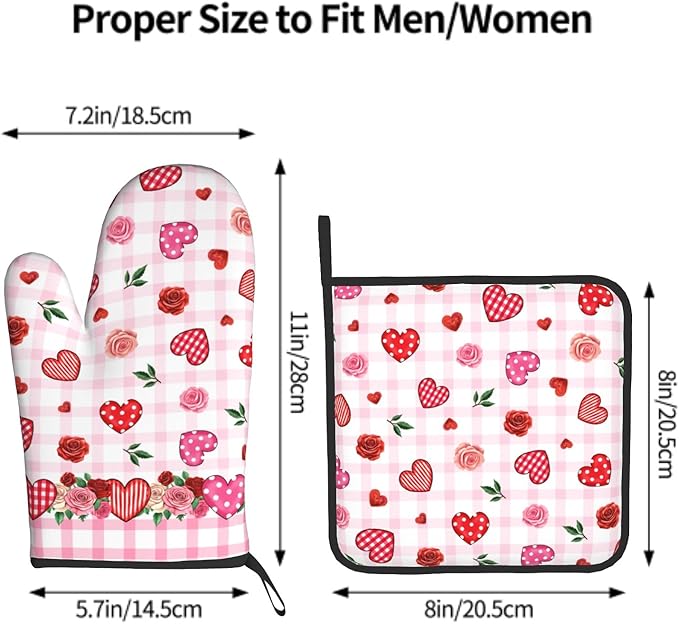 Mother’s Day Rose Flowers Kitchen Gloves Hot Pads Sets 2Pcs，Red Love Hearts Stripe Buffalo Plaid Heat Resistant Oven Gloves Pot Holders for Chef Cooking Baking Kitchen Decoration