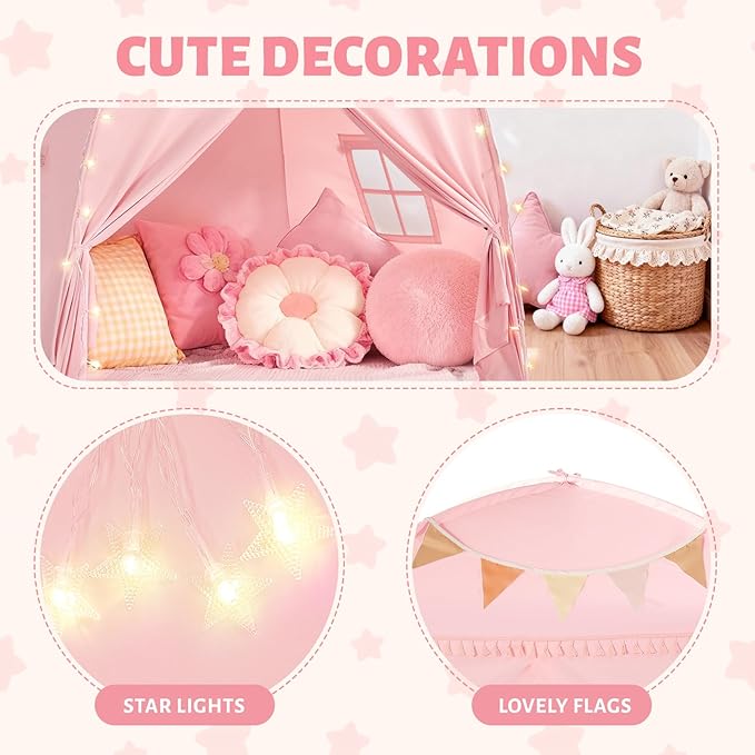 Sumbababy Large Teepee Tent for Kids: with Star Lights - Tent for Toddler Indoor Kids Teepee Tent for Boys & Girls - Toddler Play Tent Inside Canopy Bed for Playroom Gift Toys (Pink)
