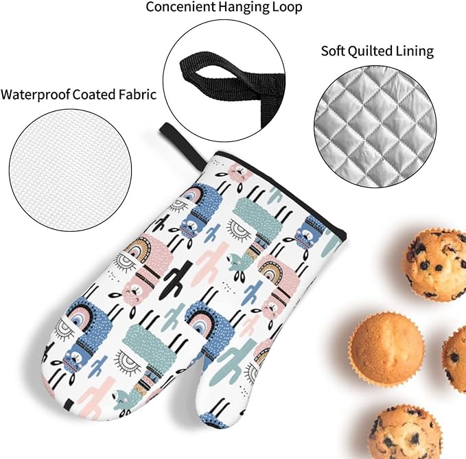 Llama Cactus Alpaca Oven Mitts and Pot Holders Set of 4, Oven Mittens and Potholders Heat Resistant Gloves for Kitchen Cooking Baking Grilling BBQ