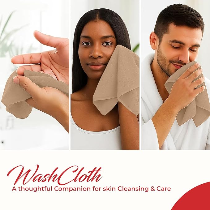 RIVERSIDE 12 Pack Washcloths - 12x12 Inches, 500 GSM, 100% Ring-Spun Cotton - Soft, Absorbent & Durable Face and Body Towels - for Bathroom, Spa, Gym, Makeup Removal & Everyday Use - Tan