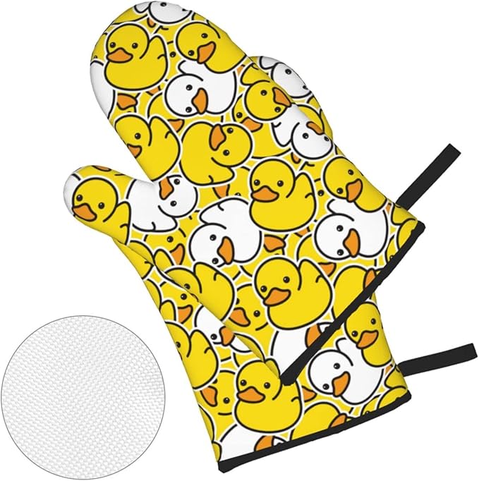 Cute Yellow Duck Oven Mitts and Pot Holders Set of 4, Oven Mittens and Potholders Heat Resistant Gloves for Kitchen Cooking Baking Grilling BBQ