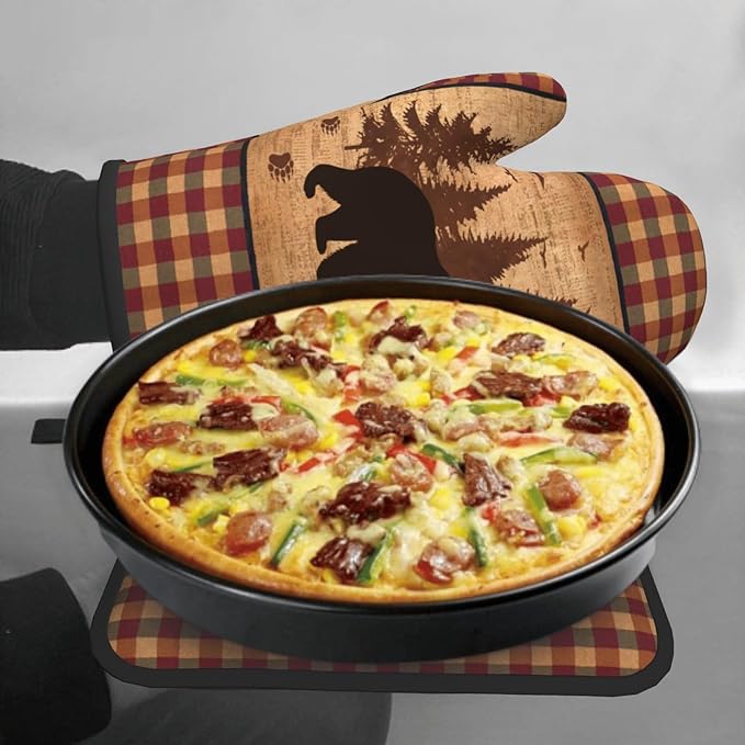Black Bear Oven Gloves and Pot Holders Forest Cabin Wildlife Kitchen Mitts Hot Pads Farmhouse Red Green Buffalo Plaid Decorative BBQ Essentials and Accessories for Chef Cooking Baking Gifts